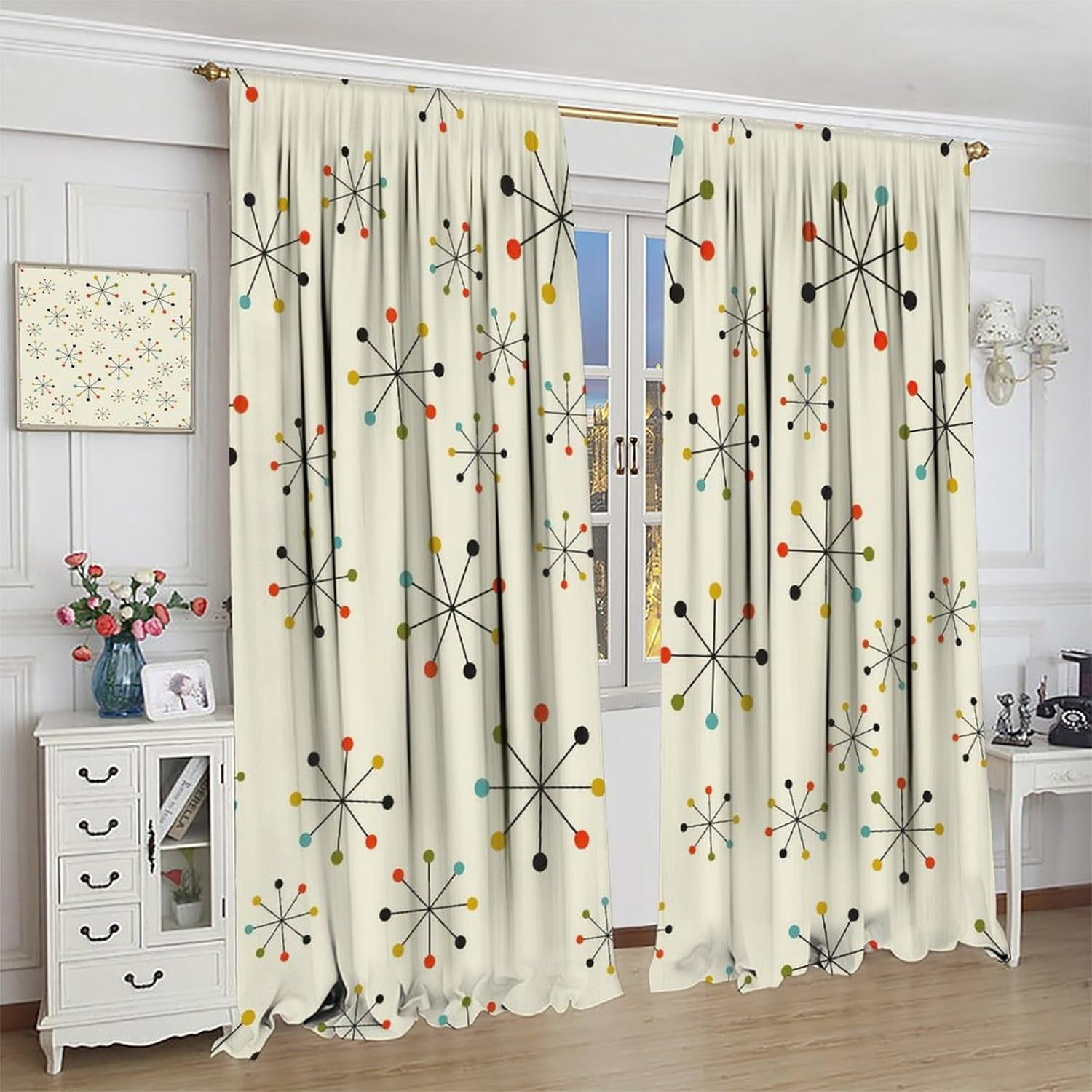 Mid Century Blackout Curtains, 60s Geometric Vintage Mid Century Abstract Modern Pattern Window Treatments for Bedroom Living Room Kitchen Rod Pocket Curtains42X63 Inch