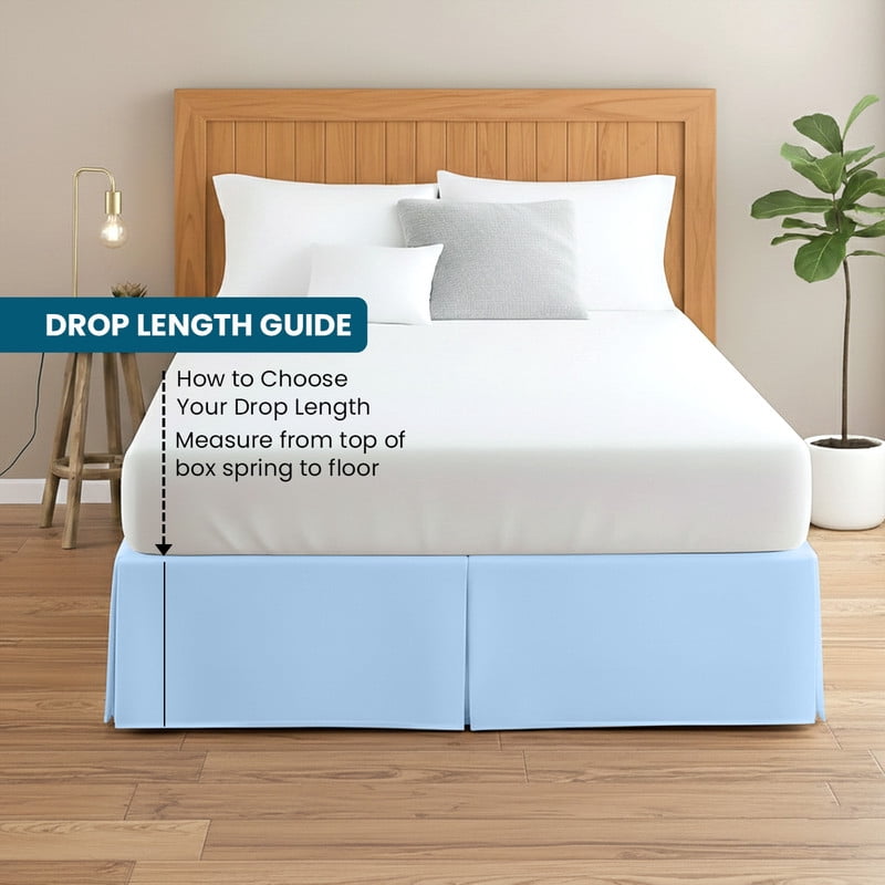 QUEEN Tailored Style Bed Skirt, 16" Drop Length, Soft 100% Microfiber, Quadruple Pleated Tailored Design, Hotel Quality, Light-Blue Solid