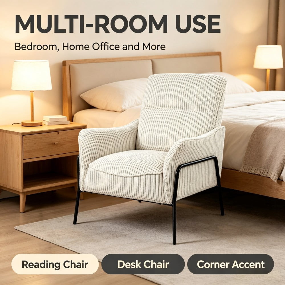 Modern Striped Accent Chair, Upholstered Armchair with Black Metal Frame, Padded Lounge & Reading Chair with Lumbar Pillow for Living Room, Bedroom & Office, Grey