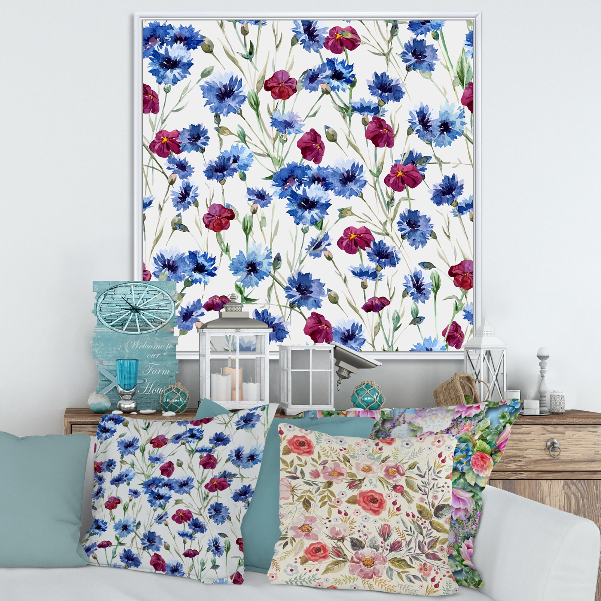 Designart 'Red and Blue Wildflowers' Traditional Framed Canvas Wall Art Print