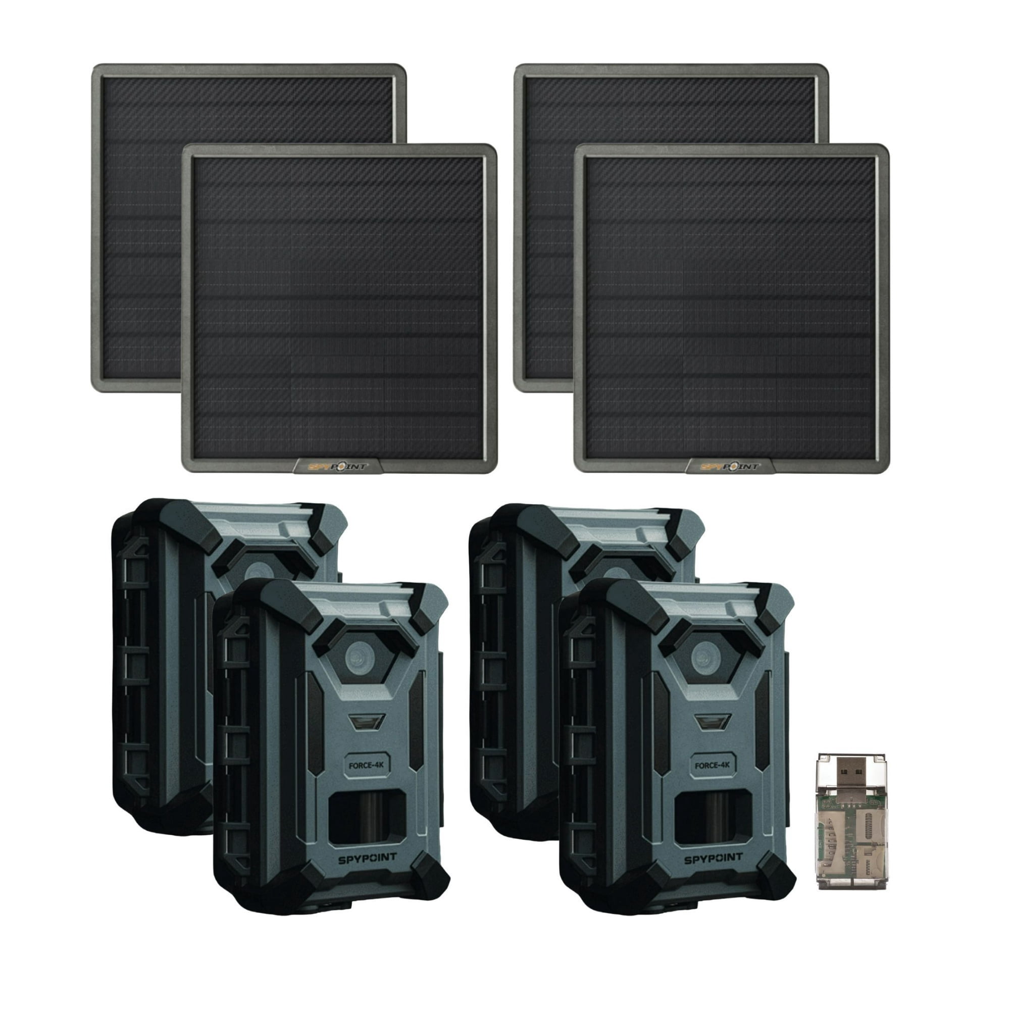 Spypoint FORCE-4K 40MP Trail Camera (4 Pack) Bundle with Solar Panel and Card Reader (9 Items)