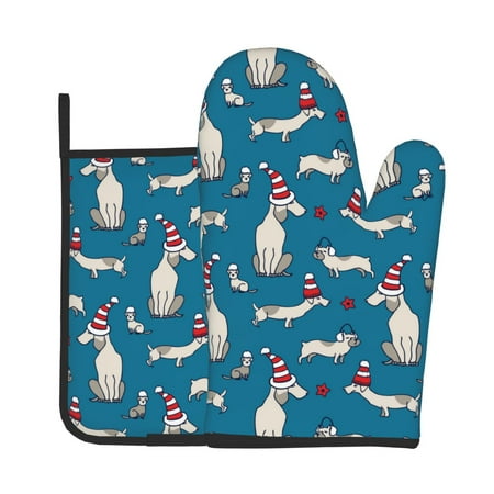 

Bingfone Festive Dachshund Fun Print Oven Mitts Pot Holders Set 2 PCS for Kitchen for Cooking Grilling Baking BBQ Pot Holders Cook Essentials