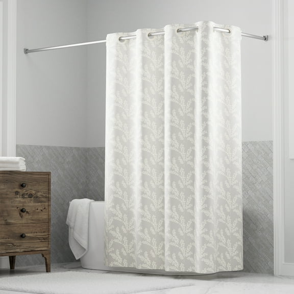 Hookless Jacquard Shower Curtain with Flex-on Rings and It's a Snap! Fabric Liner with Magnets, 71 In Wide x 74 In Long, Botanical Arboretum Print, Beige