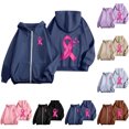 thumbnail image 2 of Womens Fall Zip Up Hoodies Breast Cancer Awareness SweatshirtsSurvivor Support Shirts Women, Drawstring, Pink Ribbon Print Long Sleeve Winter Comfy Track Jackets with Pocket Royal Blue 3XL, 2 of 7