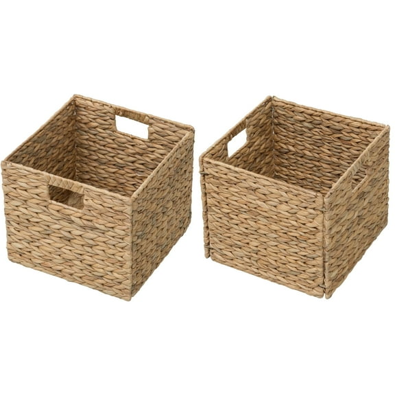 eHemco Large Square Woven Hyacinth Wicker Pantry Storage Baskets with Iron Wire Frame, 11"x11"x10", Natural, Set of 2