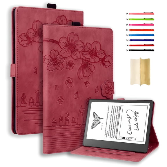 GJX Case for Kindle Scribe 10.2 Inch (2022 Released) - Embossed Flower Premium PU Leather Lightweight Book Folio Cover Auto Sleep/Wake with Pen Holder, Winered