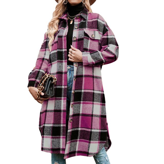 Camisas largas de franela a cuadros para mujer, chaqueta con botones de solapa de manga larga con abertura lateral para mujeres y niñas, rojo rosa S