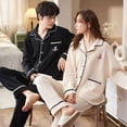 thumbnail image 3 of Pijamas de algodón para hombre y mujer, ropa de dormir con cuello vuelto, pantalones de manga larga, conjuntos de pijama sólidos, Otoño e Invierno, 3 of 4