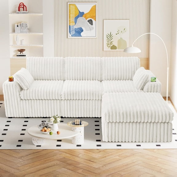 114" Cloud Boneless Sectional Couches for Living Room, Modular Sectional Sofa with Cup Holder, Cozy Fluffy L Shaped Deep Seat Boneless Couch with Storage Pocket, No Assembly Required, White