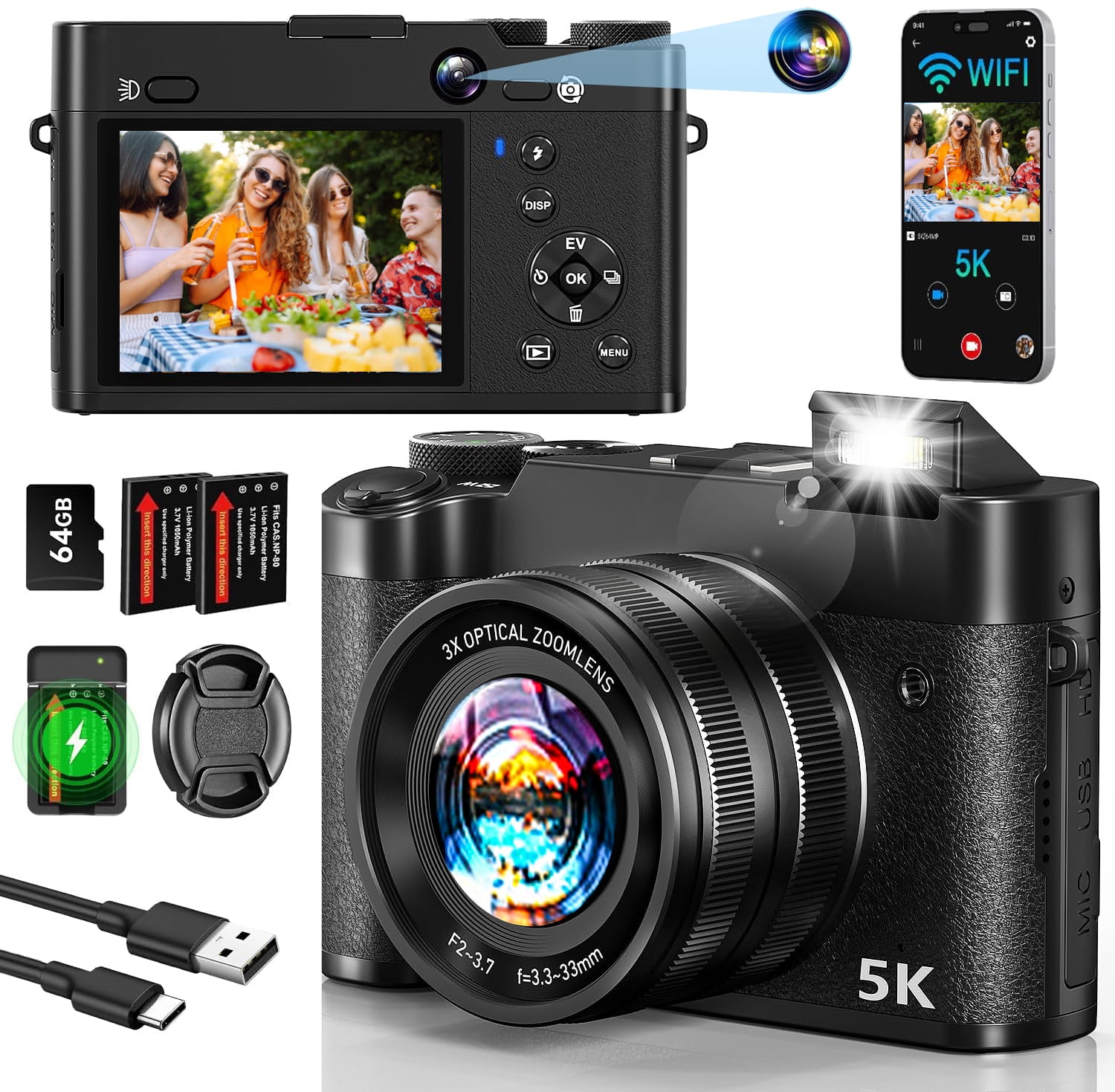 Digital Camera 5K 64MP Cameras for Photography with 6X Optical Zoom,WiFi Dual-Lens Vlogging Camera for YouTube Video with 64GB Card