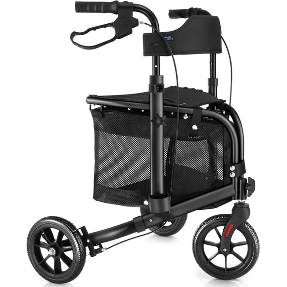 WalkMate 3 Wheel Rollator Walker with Seat for Slim Seniors, Padded Backrest Lightweight Foldable Walker Ideal for Elderly, 8 inch Tri-Wheel Modern Mobility Walking Aid Aluminum, Black