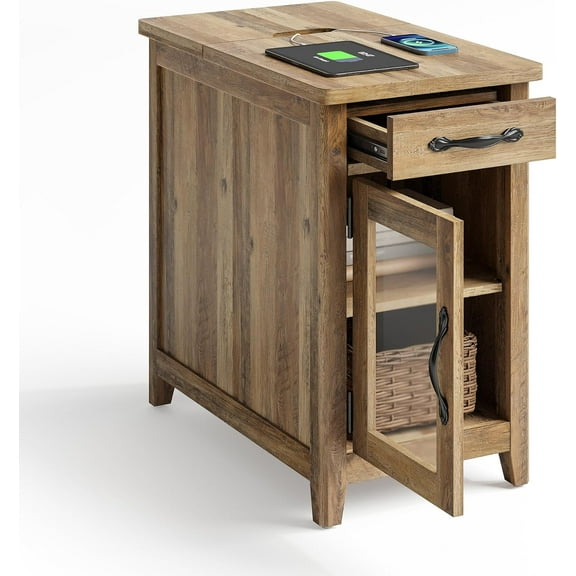 WANBIN Farmhouse End Table with Charging Station, Narrow, Drawer, Storage Cabinet