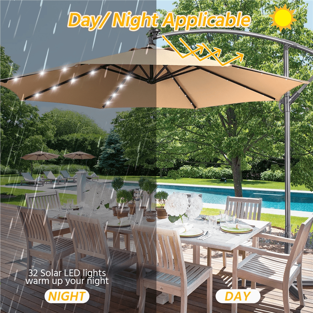 Alden Design 8' Tan Solid Print Octagon Cantilever Patio Umbrella, LED Lights