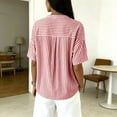 thumbnail image 6 of Womens Tops Elbow Length Sleeve Tshirts for Women Striped Printed Button Up Crew Neck Summer T-Shirts, 6 of 6