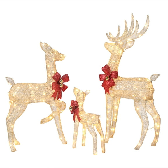 Ktaxon Lighted Christmas 4ft Deer Family Set Outdoor Yard Decoration LED Lights, Stakes - Gold
