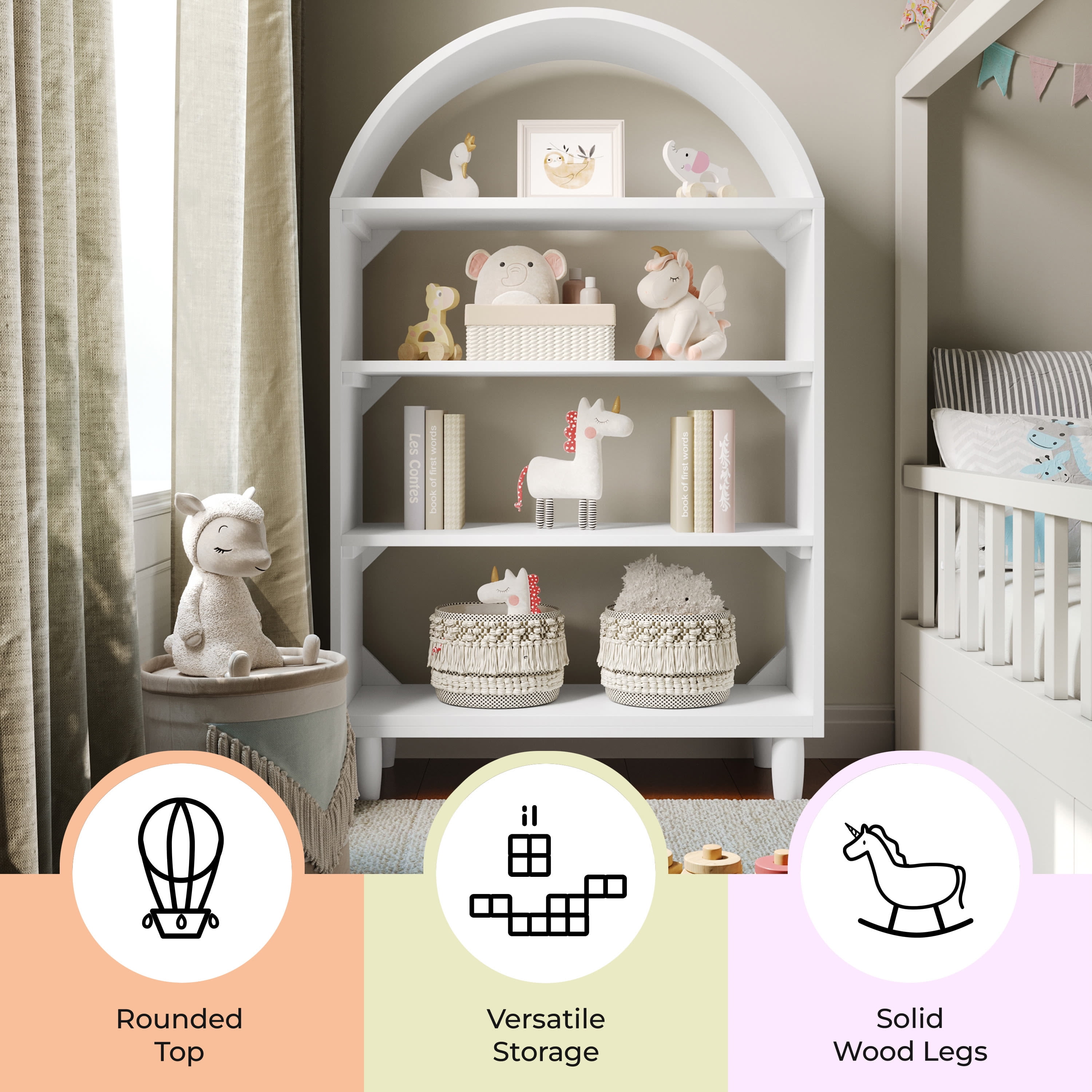 Buzz & Bloom Kids Open-Style Engineered Wood Bookshelf with 4 Shelves and Covered Rounded Top, White