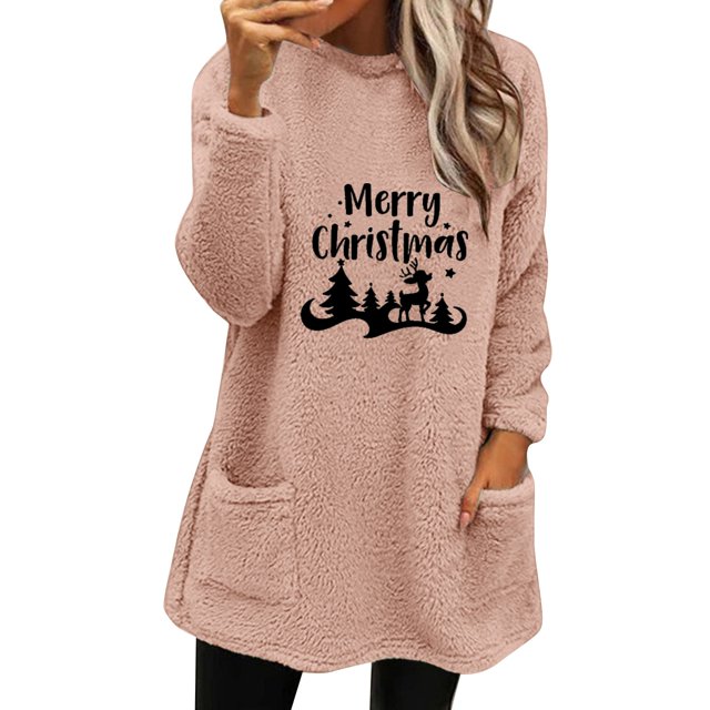 Gibobby Sudaderas Navideñas para Mujeres Abrigo de invierno para mujer Chaqueta de lana suelta de manga larga con bolsillos(Rosa,M)