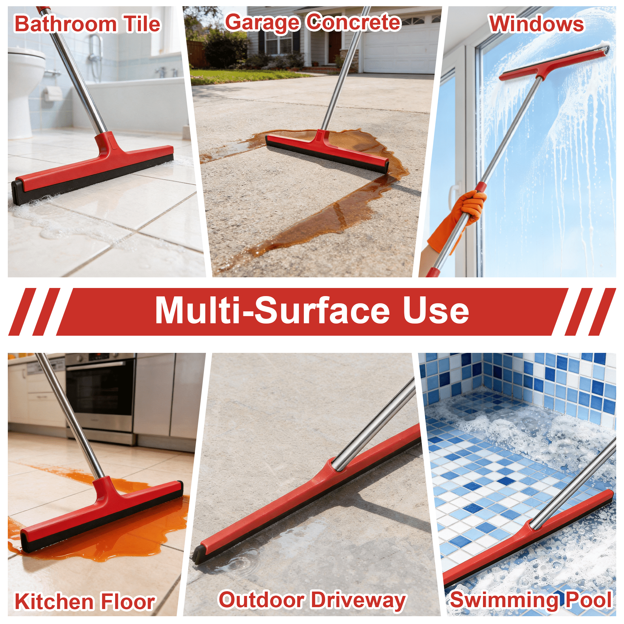 GARITIN Floor Squeegee with Long Stainless Steel Handle, Heavy‑Duty Rubber Squeegee for Shower, Bathroom, Tile, Glass Window, Water Removal Wiper for Home Garage Cleaning