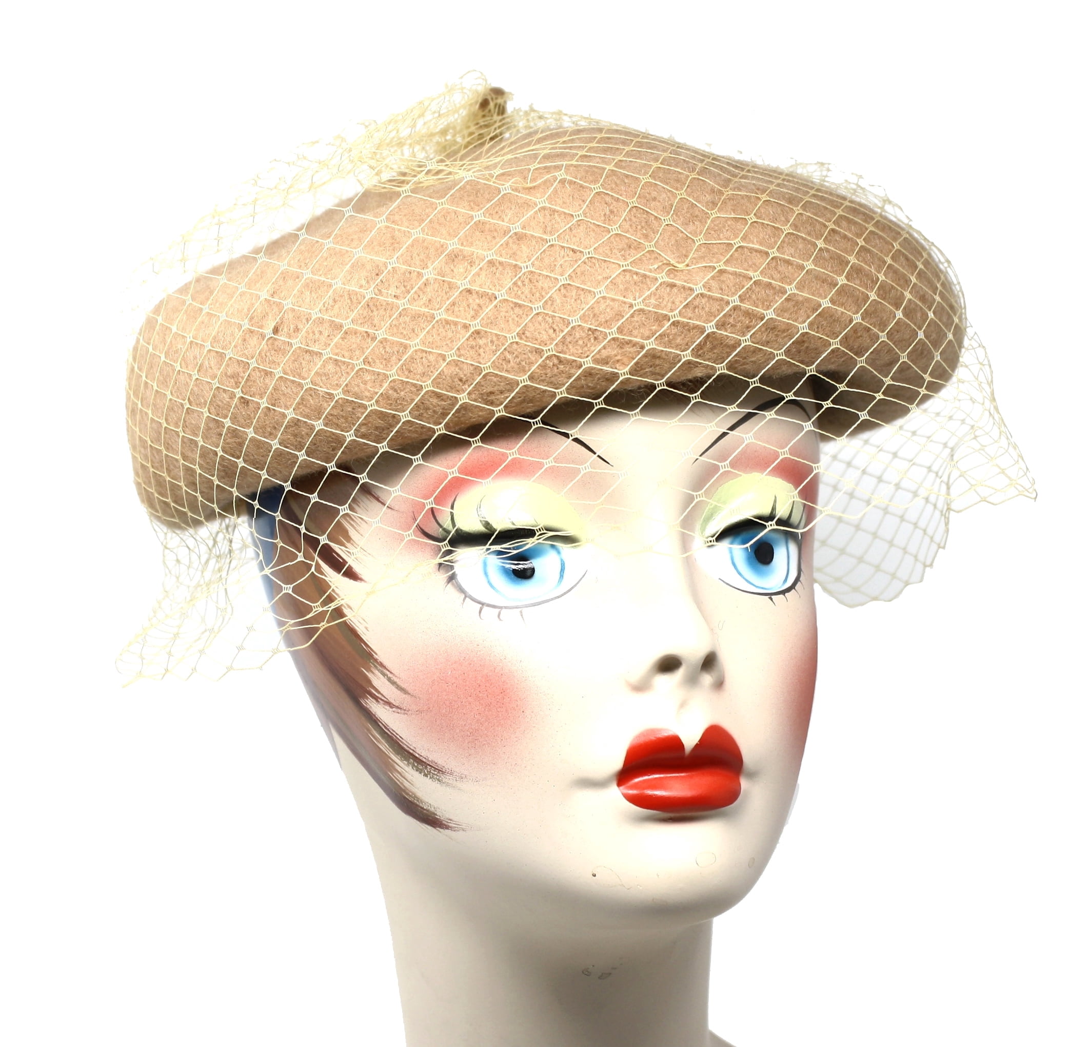 Camel Wool Felt Beret w Veil Netting - Church, Party, Retro Style by Hey Viv