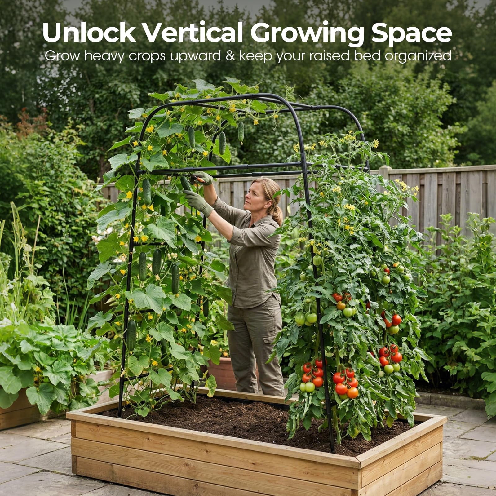Garden Arch Trellis for Climbing Plants, 83" High Metal Cucumber Trellis & Tomato Cage, Rustproof Steel Tunnel Support for Squash, Pumpkin, Vegetables with Screw Fixation (32.3"L x 39.4"W)