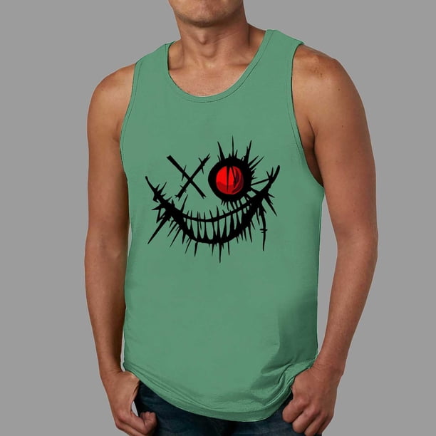 Ceisia Men's Slim Fit Crew Neck Sleeveless Tank Top Edgy Demon Smile Graphic Print Athletic Shirt Green S Gifts