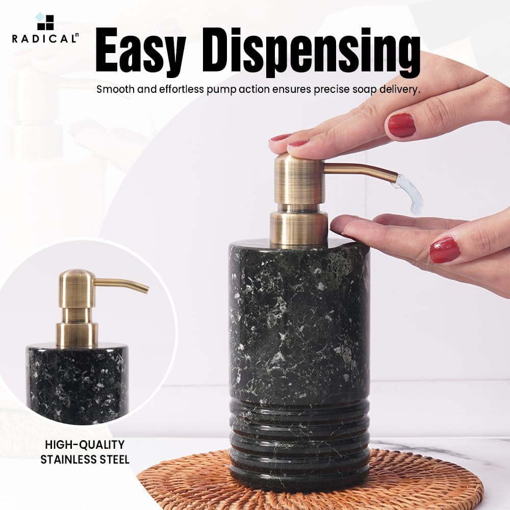 Radicaln Marble Soap Dispenser 7.5 inch Black Onyx Hand Soap, Lotion, Foaming Shampoo and Conditioner Container for Bathroom Decor and Accessories - Liquid Dish Soap Dispenser for Kitchen Sink