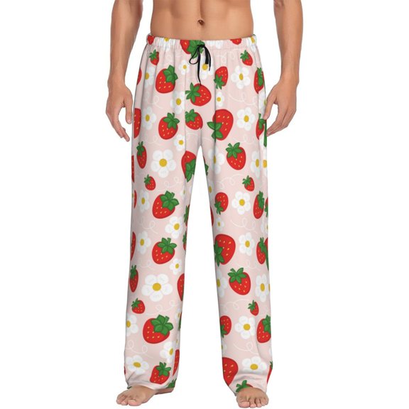 Gukieu Strawberry Floral Print Men's Home Trousers, Elastic Drawstring Home Pajamas Clothing Suitable for Adult Men-Small