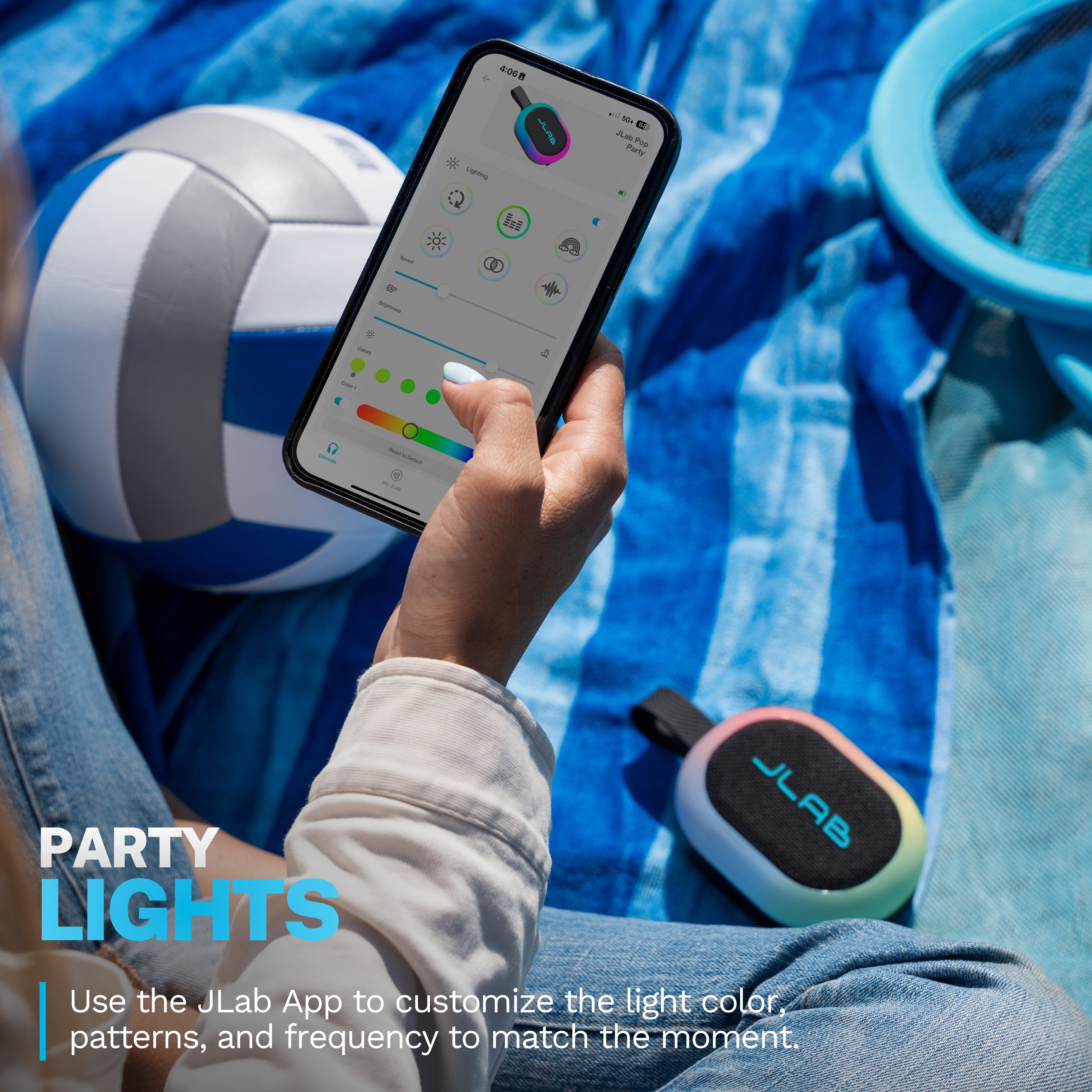 JLab Pop Party Portable Bluetooth Speaker, 5W, 8 Hour Playtime, RGB Lighting, Splashproof, Black
