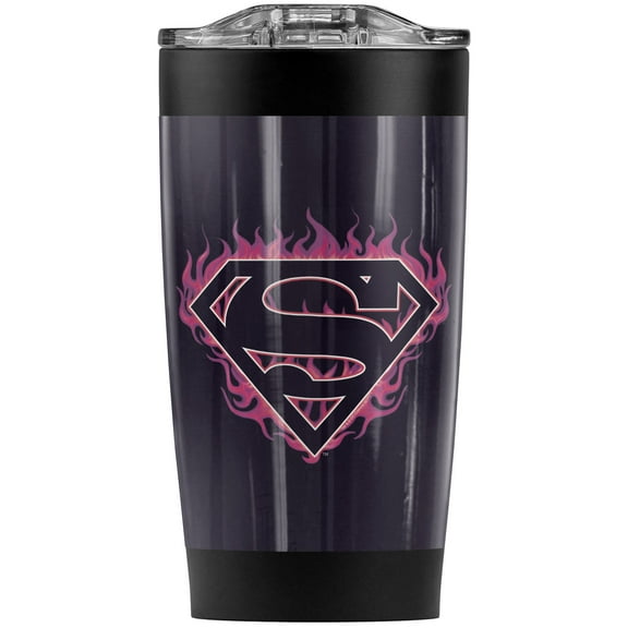 Superman Fuchsia Flames Shield Stainless Steel Tumbler 20 oz Coffee Travel Mug/Cup, Vacuum Insulated & Double Wall with Leakproof Sliding Lid | Great for Hot Drinks and Cold Beverages