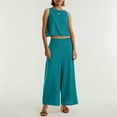 thumbnail image 3 of Conjunto de dos piezas de lino de color liso para mujer: top corto sin mangas con botones y pantalones de pierna ancha, tejido transpirable para el verano, 3 of 8