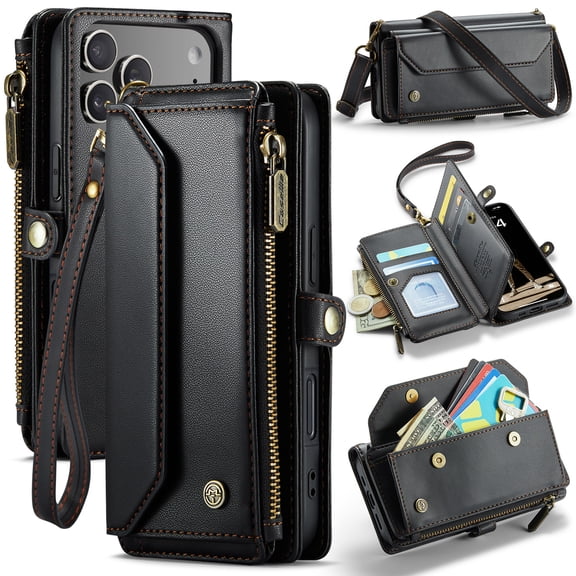Crossbody Wallet Case for iPhone 18 Pro, RFID Blocking PU Leather Cover with 7 Card Slots & Zipper Pocket, Detachable Shoulder Wrist Strap for Women