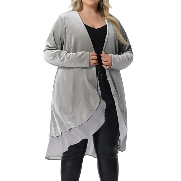 DARING DIVA Plus Size Velvet Open Front Irregular Draped Mesh Hem Cardigans 1X Silver