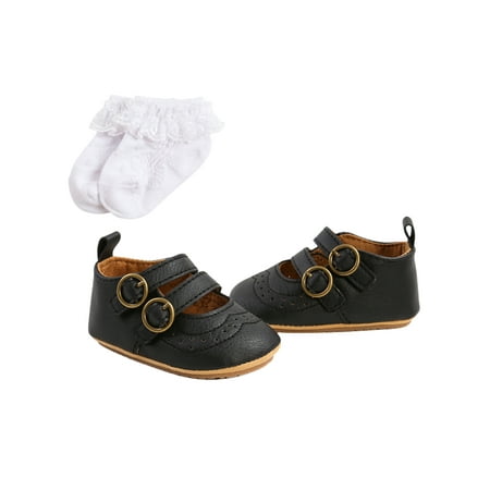 

SUNSIOM Newborn Baby Girls Mary Jane Flats PU Leather Princess Dress Socks Boots Double Buckle Straps