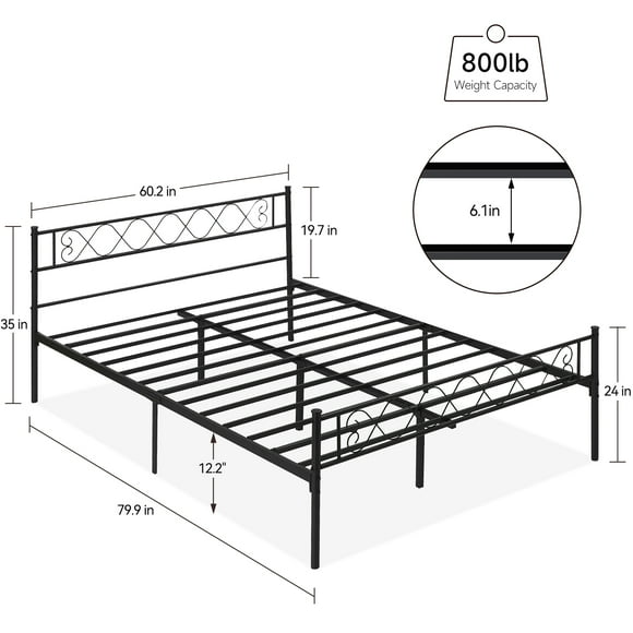 Twin Metal Bed Frame with Headboard & Footboard – Heavy Duty Platform Bed, Strong Steel Slats, 12.2" Under Bed Storage, Noise-Free, No Box Spring Needed, Easy Assembly – Black, Size: QUEEN