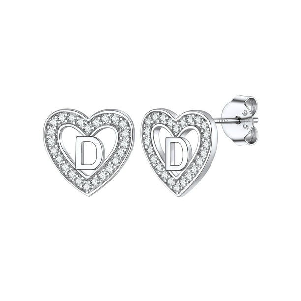 Pendientes de botón de corazón inicial de Silvora para mujeres y niñas Pendientes de plata esterlina con letra D con Zirconia cúbica brillante Cumpleaños Regalo de Navidad