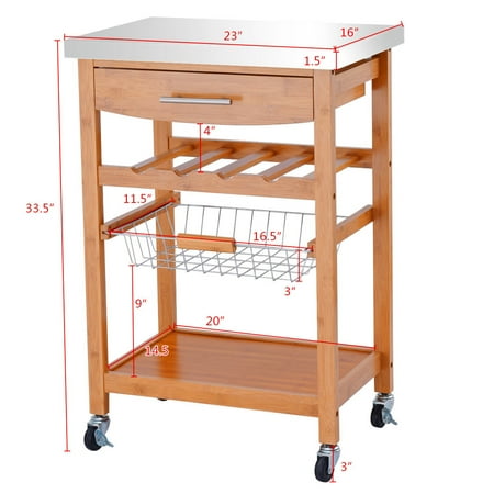 Ghp Stainless Steel Top Rolling Natural Bamboo Kitchen Trolley