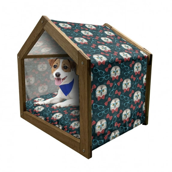 Geek Pet House, Pattern with Snowflakes and Owl Wearing Glasses and Dotted Bowtie, Outdoor & Indoor Portable Dog Kennel with Pillow and Cover, 5 Sizes, Multicolor, by Ambesonne