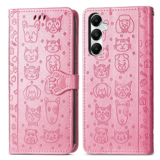 Funda Cartera FOXDOCK para Samsung Galaxy A17 , Flip PU con Relieve de Gatos y Perros, Tarjetero y Soporte