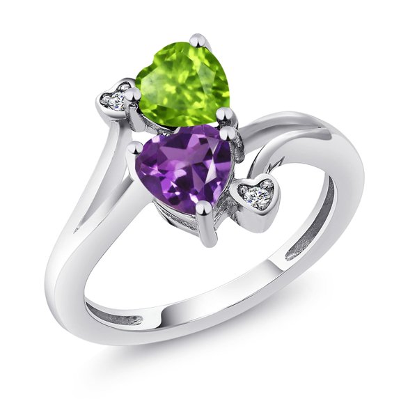 Gem Stone King 925 Sterling Silver Green Peridot Purple Amethyst and White Diamond Ring for Women (1.51 Cttw, Heart Shape 6MM, Gemstone August Birthstone, Size 9)
