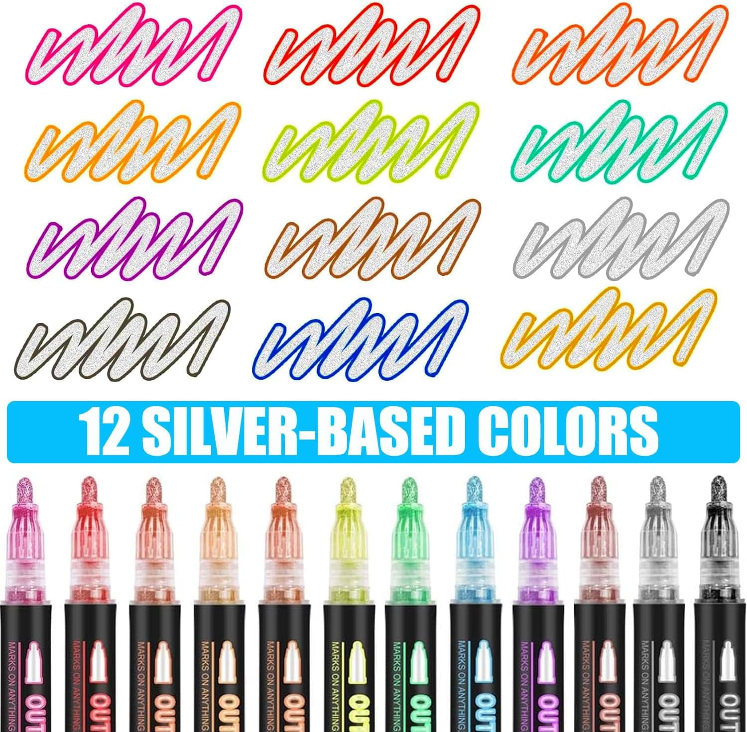 Dreamy Sparkle Dual-Line Contour Pen, 12 Colors Self-Outline Metallic Glitter Pens with 2mm Chisel Tip for Christmas Card Birthday Gift, DIY Art Crafts Doodle Drawing and Scrapbooking