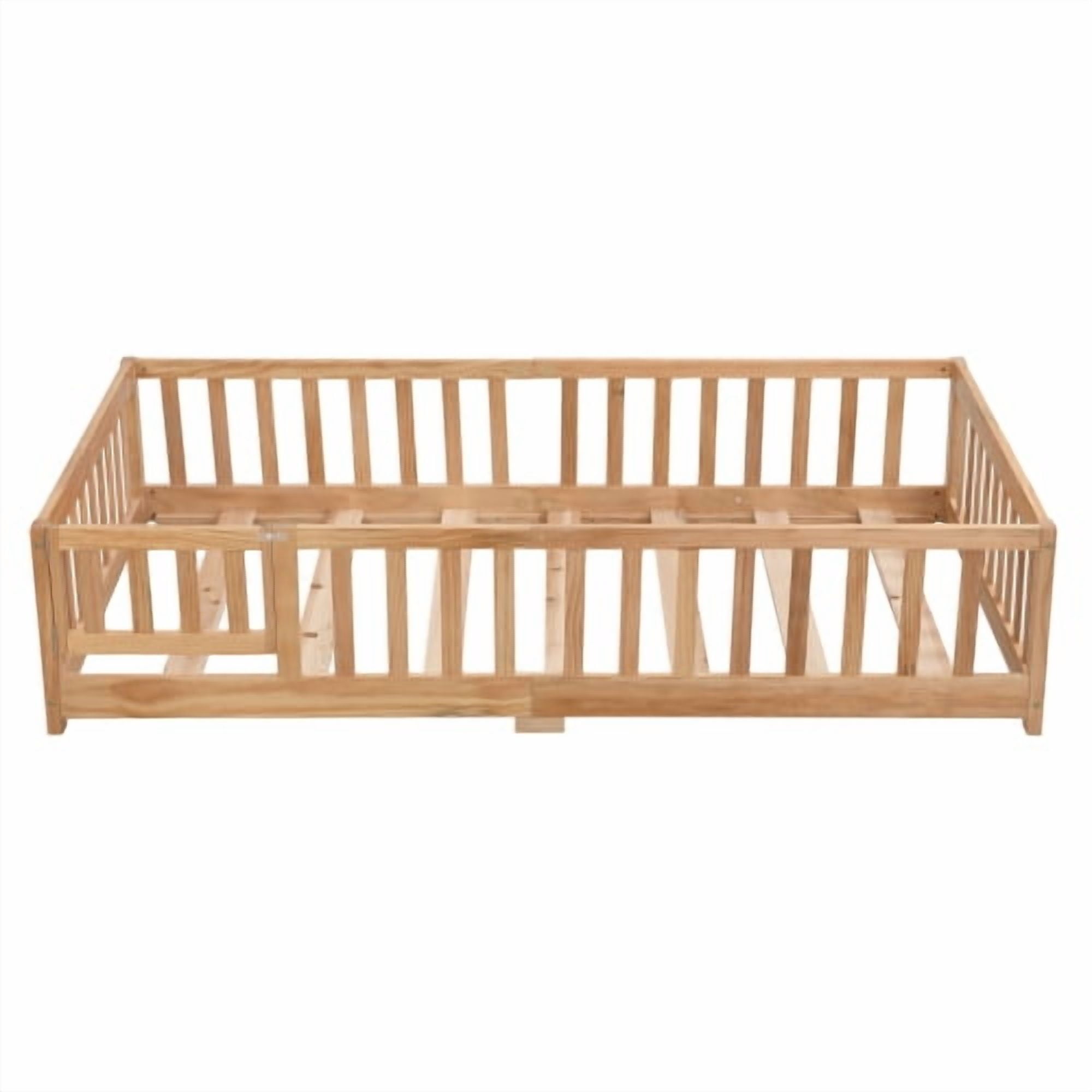 full Size Floor Bed with Door,Solid Wood Platform Bed Frame with Fence,Suitable for children,Pine Wood,Natural