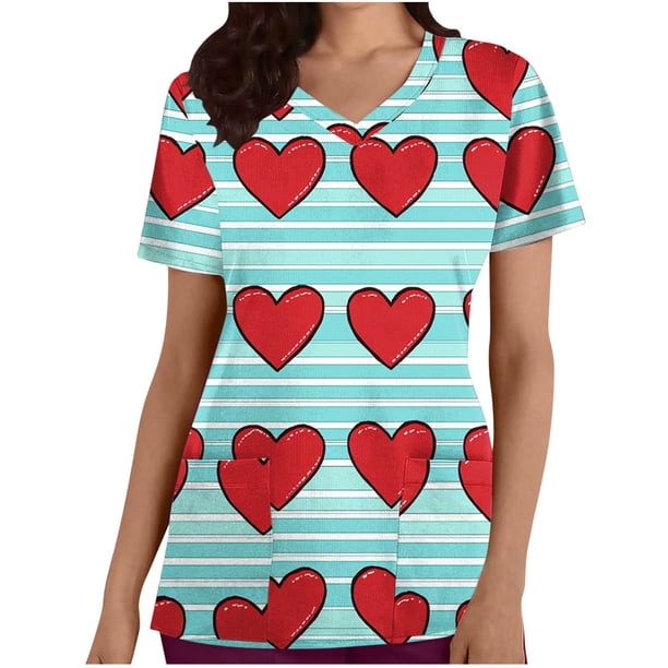 Mujeres de Manga Corta Tops Unisex Impresión V-Cuello Bolsillo Top para las Mujeres, Casual Enfermería Uniforme Blusa para el Uso Diario