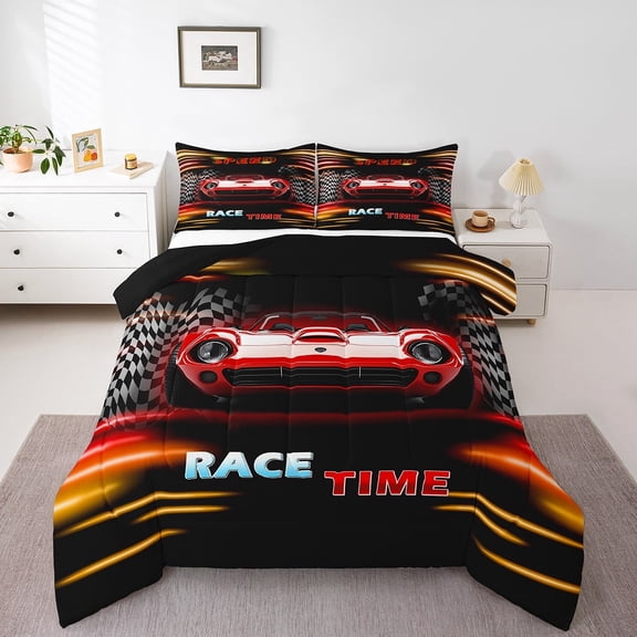 Erosebridal Fast Car Bedding Twin Comforter Set,Orange Red Down Comforter,Car Theme Bedding Sets Twin with Comforter,Microfiber Geometric Room Decorative,Reversible,3pcs