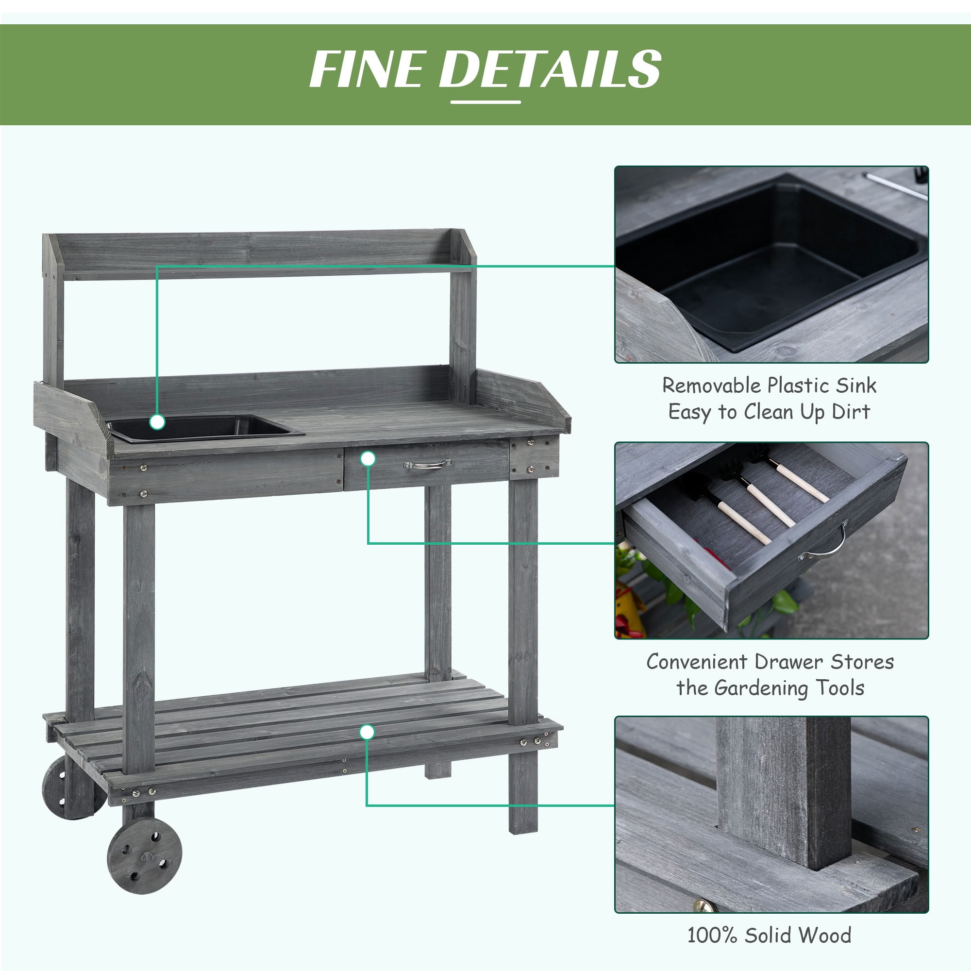 MAYEERTY 36" Wooden Potting Bench, Outdoor Garden Workstation with Removable Wheels, Sink, Drawer for Backyard, Patio, Deck