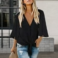 thumbnail image 3 of tasrioml Women Summer Shirt V-neck Half Sleeve Buttons Placket Lace-up Shirt Tops Solid Color Loose Fit Commuting Style Shirt, 3 of 8