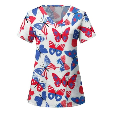 

XHJUN Scrub Tops 4x American Flag Printed Top Women 4th Of July Patriotic Shirt Butterfly Printed Graphic Usa Independence Day Shirts Dark Blue XXXL