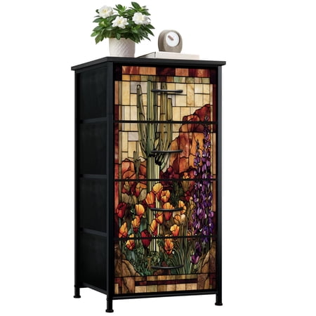 Dresser for Bedroom with 4 Storage Drawers Stained Glass Panel Cactus Desert Wildflowers Dressers Chest of Drawers Steel Framed Fabric Closet Organizers for Entryway Western Decor