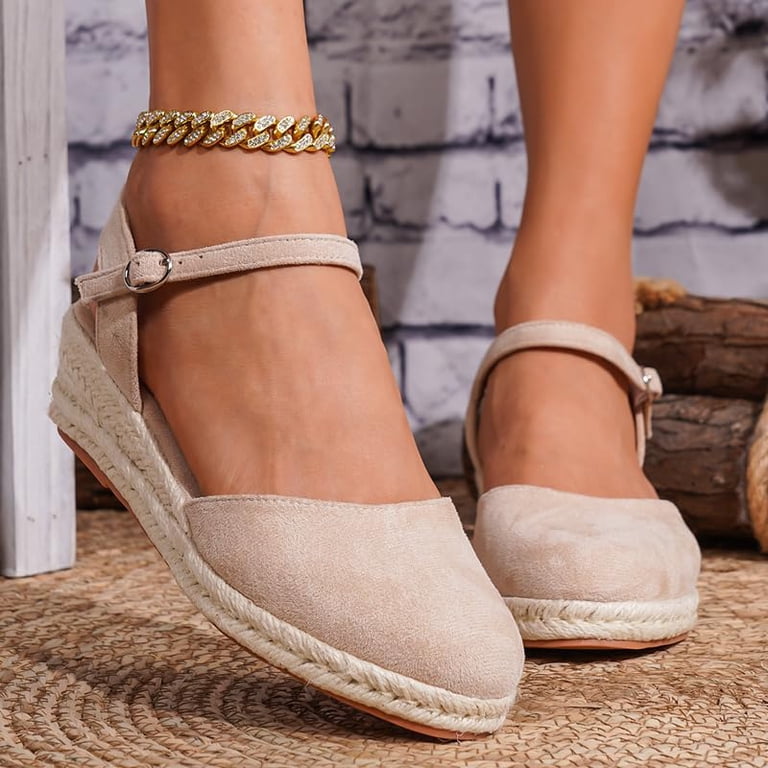 Low Heel Closed Toe Espadrilles Wedges for Women, Womens Dressy Casual Faux Suede Ankle Strap Platform Sandals, Low Wedge Formal Dress Shoes for Wedding Party