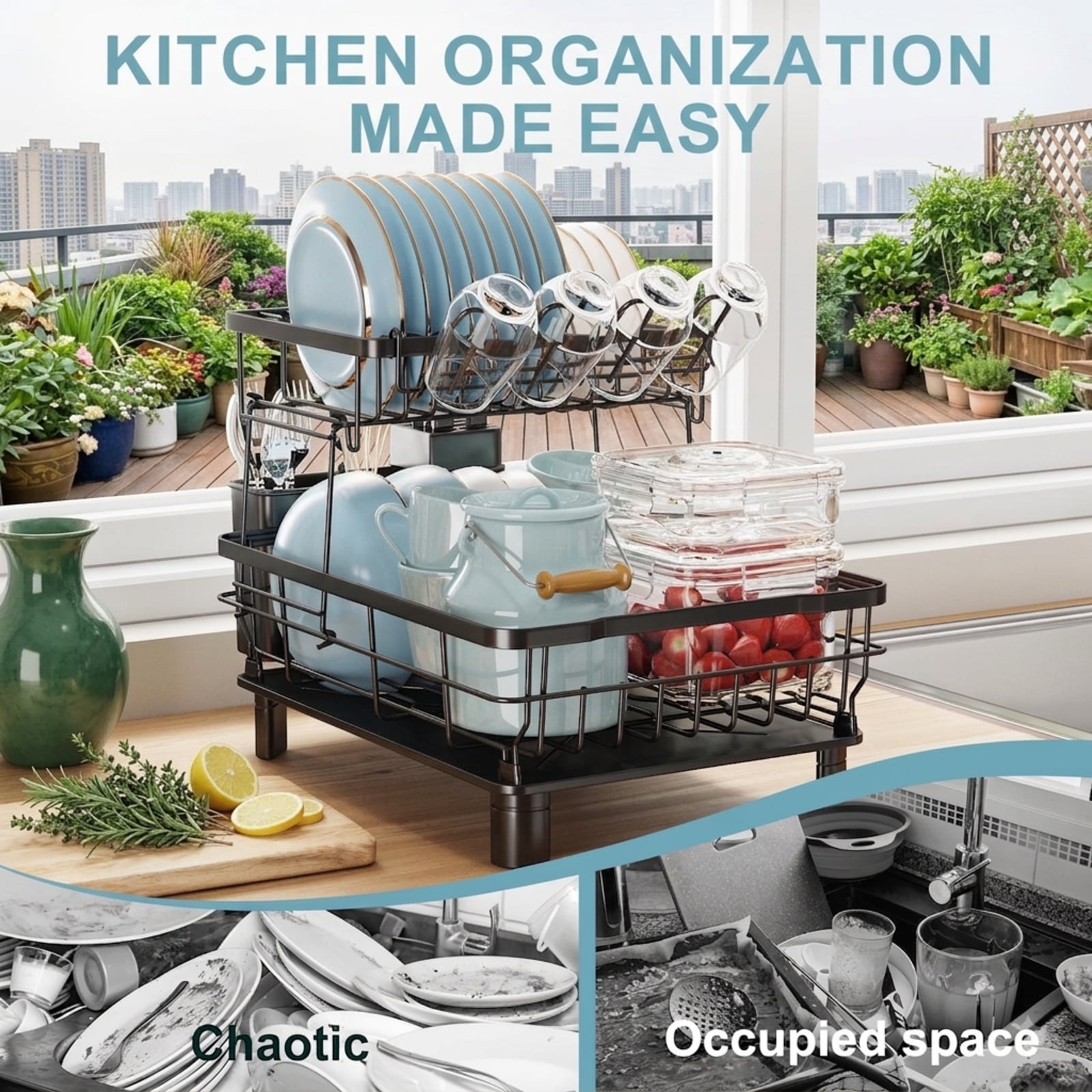 Fenbeli 2-Tier Dish Drying Rack with Rotating Drainage Spout, Rust-Resistant Countertop Dish Rack with Utensil Holder, Black