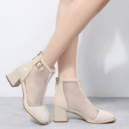 

ZMHEGW Boots For Women Solid Color Round Toe Middle Heel Thick Heel Lace Up Buckle Large Boots Shoes